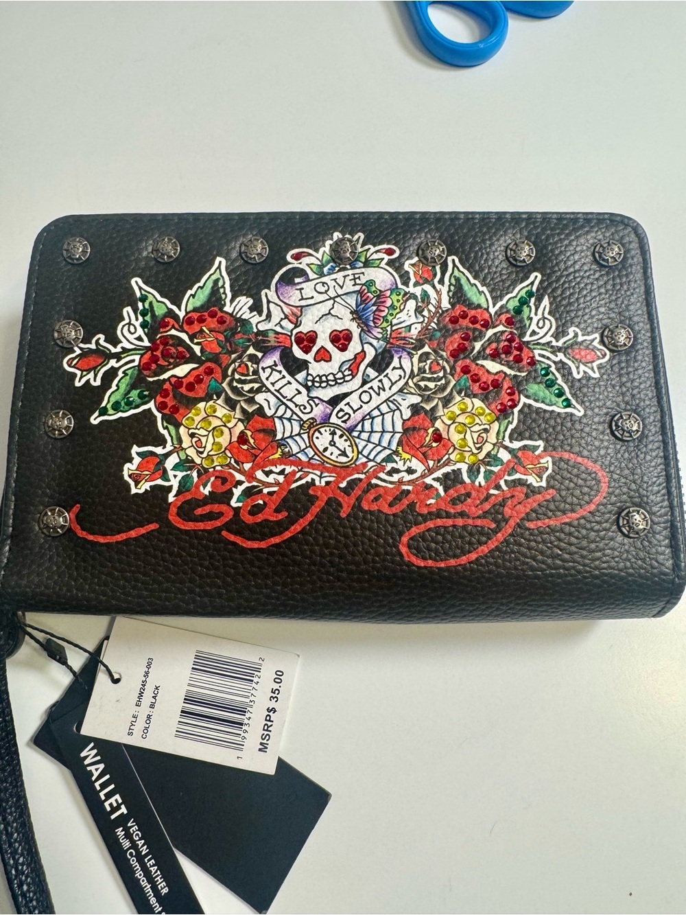 NWT Ed Hardy Black Wallet with Red Script and Multicolor Skull Graphic